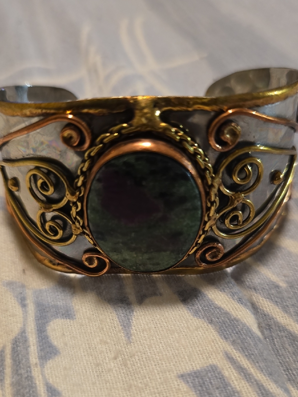 Hand Crafted Green Stone Mixed Metal Scrollwork Cuff Bracelet